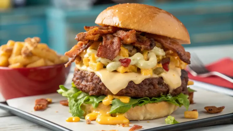 A delicious Bacon Ranch Mac 'n' Cheese Burger with layers of cheese and bacon.
