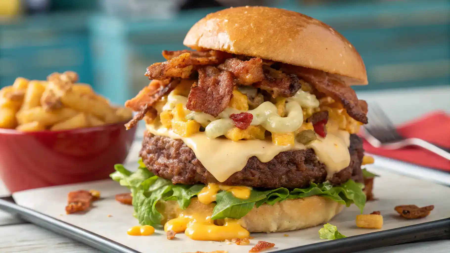 A delicious Bacon Ranch Mac 'n' Cheese Burger with layers of cheese and bacon.