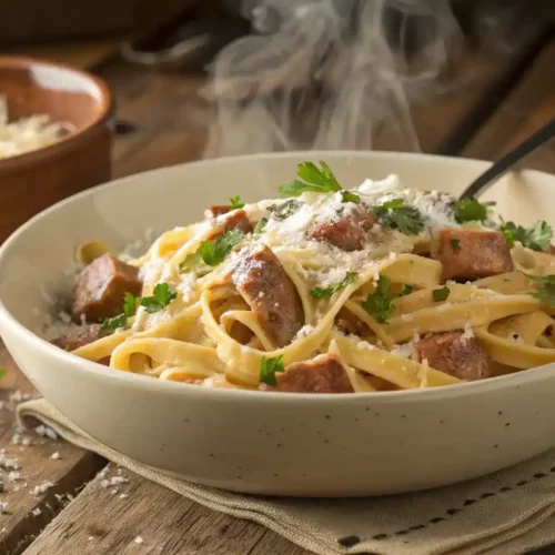 A bowl of creamy Cajun sausage pasta topped with Parmesan cheese.