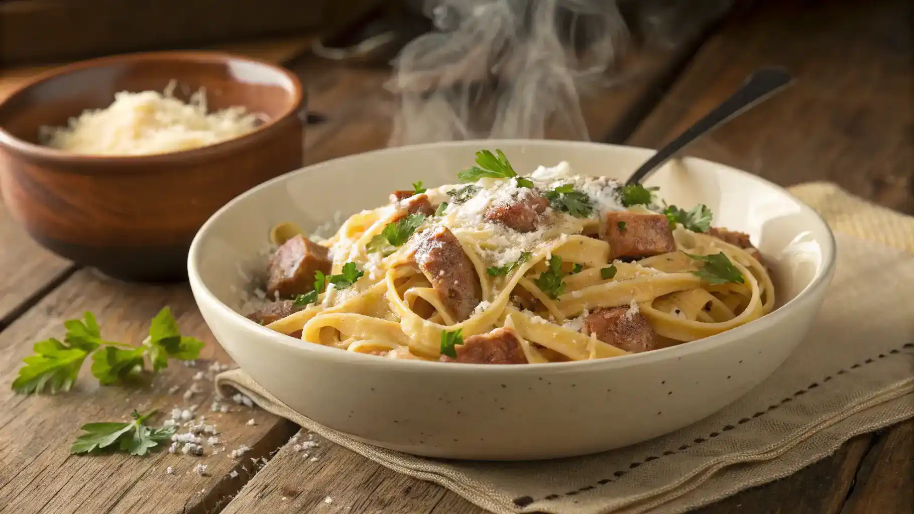 A bowl of creamy Cajun sausage pasta topped with Parmesan cheese.