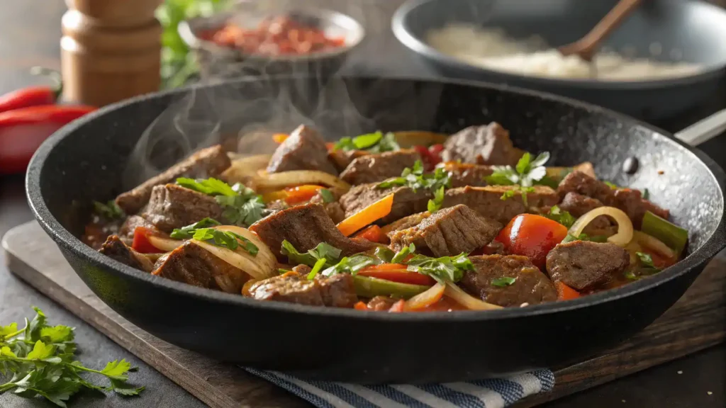 A sizzling Bo Ne dish in a skillet, featuring marinated beef and fresh herbs.