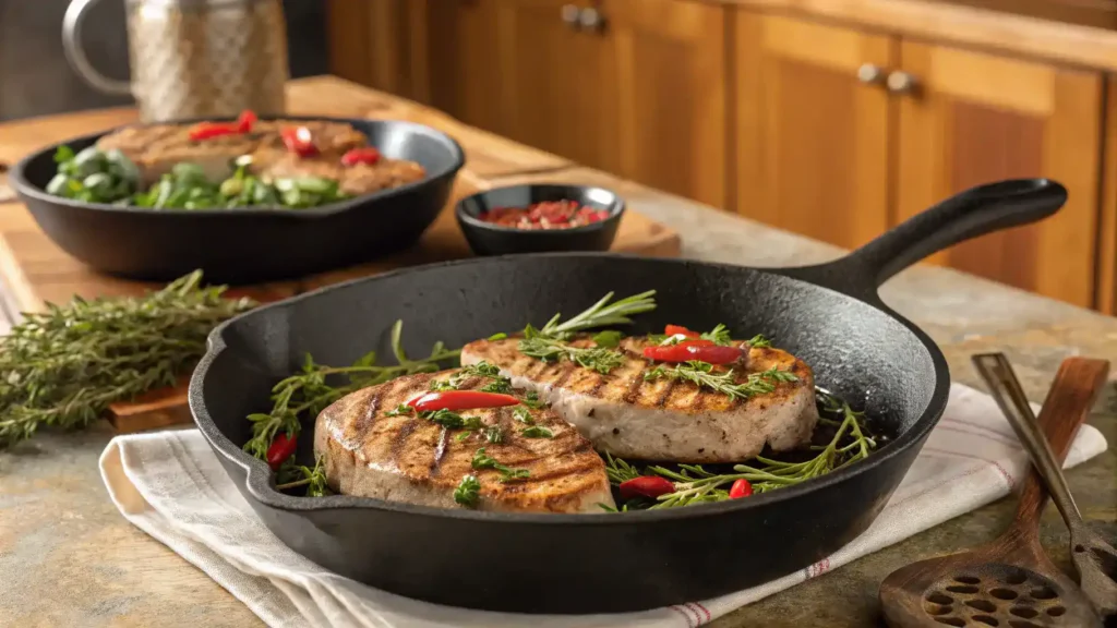 A skillet with sizzling turkey chops, garnished with herbs and spices.