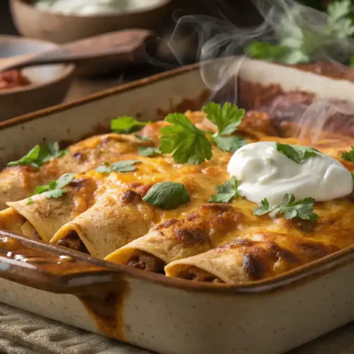 A delicious Baked Burrito Casserole, golden and bubbling, topped with sour cream and fresh cilantro.