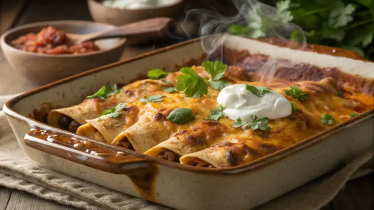 A delicious Baked Burrito Casserole, golden and bubbling, topped with sour cream and fresh cilantro.