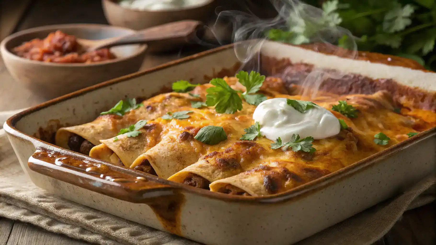 A delicious Baked Burrito Casserole, golden and bubbling, topped with sour cream and fresh cilantro.