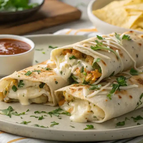 Delicious Cheesy Garlic Chicken Wraps served with a side of dipping sauce.