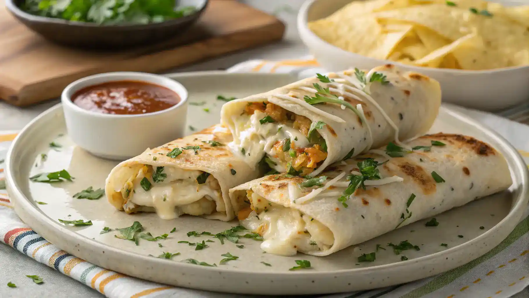 Delicious Cheesy Garlic Chicken Wraps served with a side of dipping sauce.