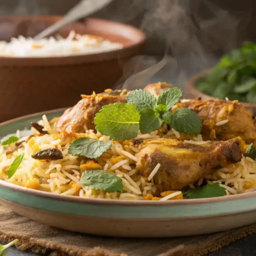 A beautifully plated Chicken Dum Biryani garnished with herbs.