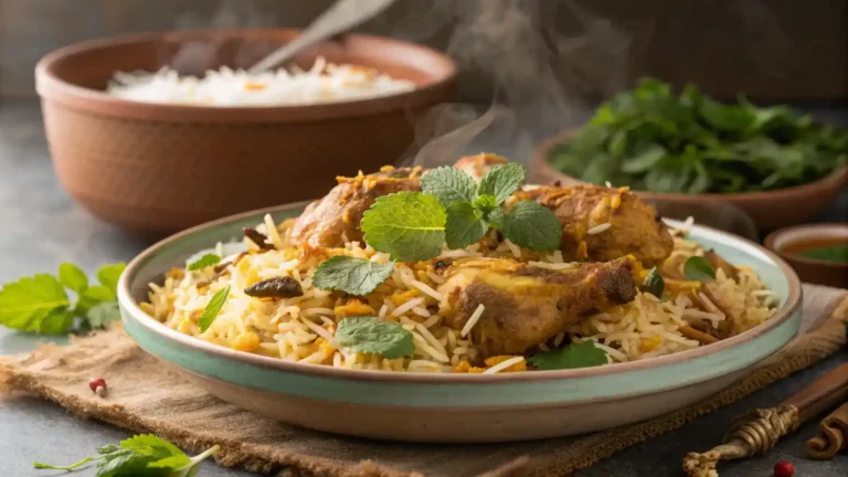 A beautifully plated Chicken Dum Biryani garnished with herbs.