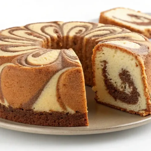 A freshly baked Cotton Marble Cake with a marbled texture on a serving plate.