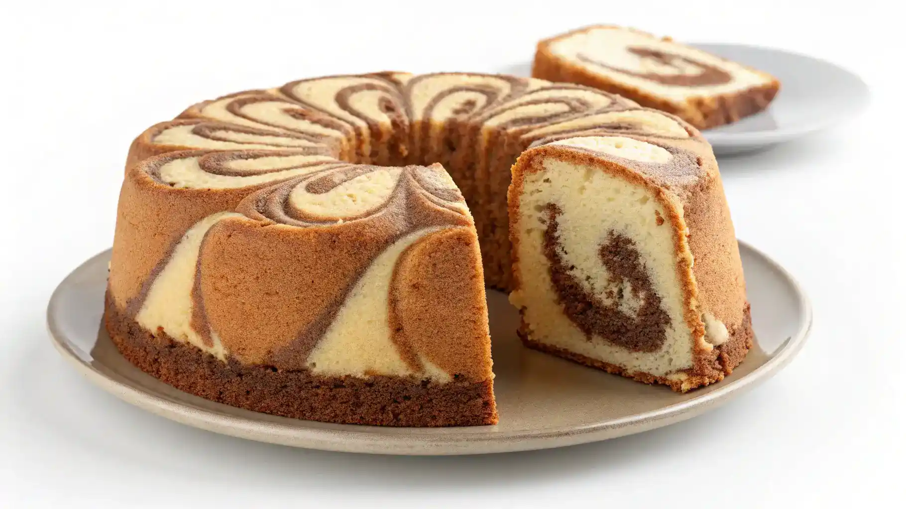 A freshly baked Cotton Marble Cake with a marbled texture on a serving plate.