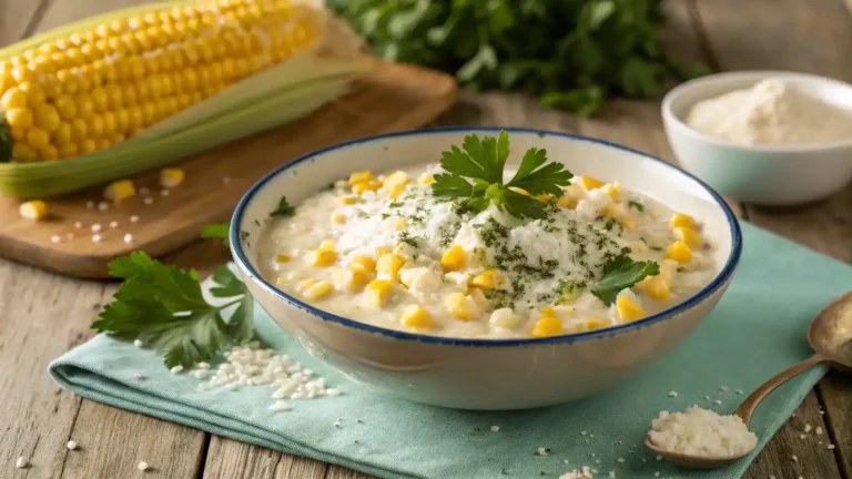 A delicious creamy white corn dish served in a bowl, garnished with parsley.