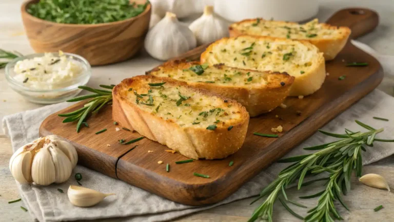 Freshly baked frozen garlic bread served on a wooden board.
