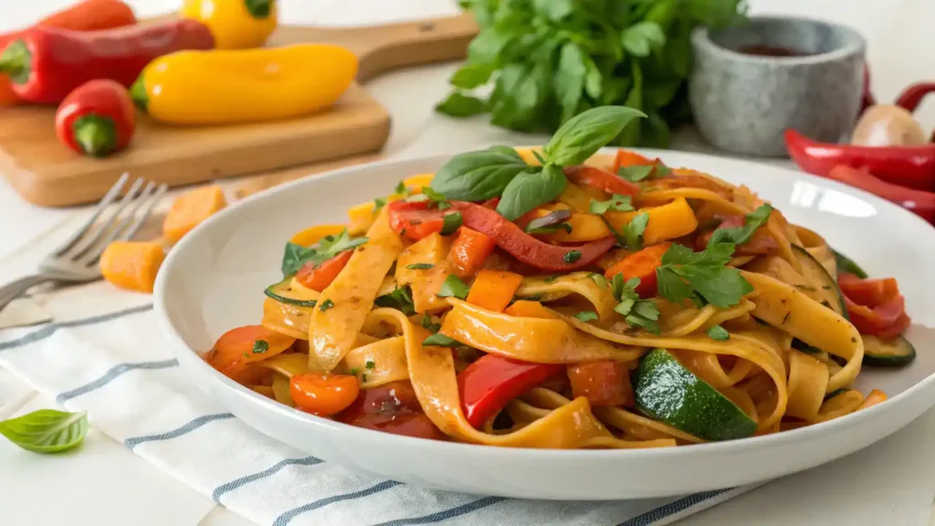 A vibrant plate of Italian Drunken Noodles with colorful vegetables and fresh herbs.