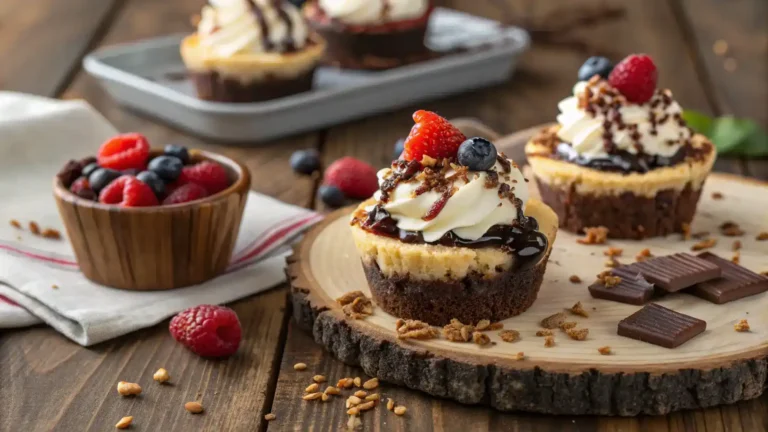 Delicious Loaded Brownie Cheesecake Cups topped with whipped cream and chocolate drizzle.