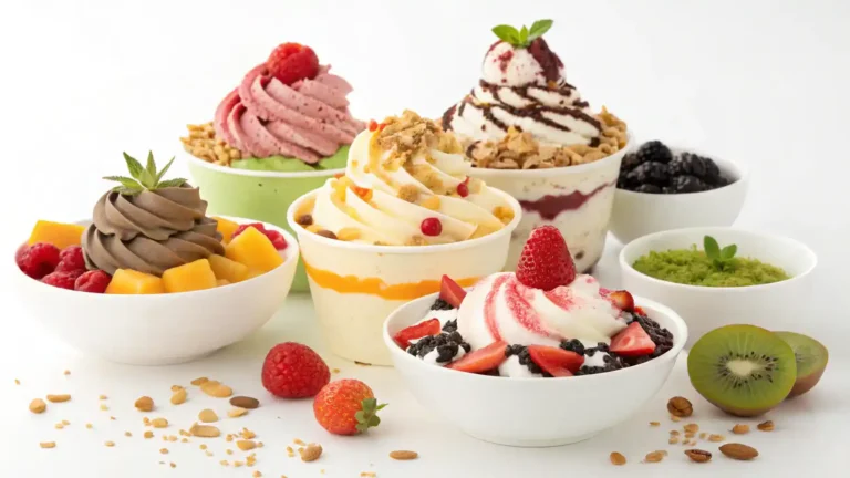 A colorful array of Ninja Creami desserts served in bowls with various toppings.