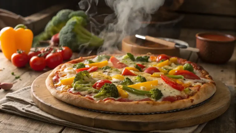 A deliciously baked protein pizza topped with fresh vegetables and cheese.