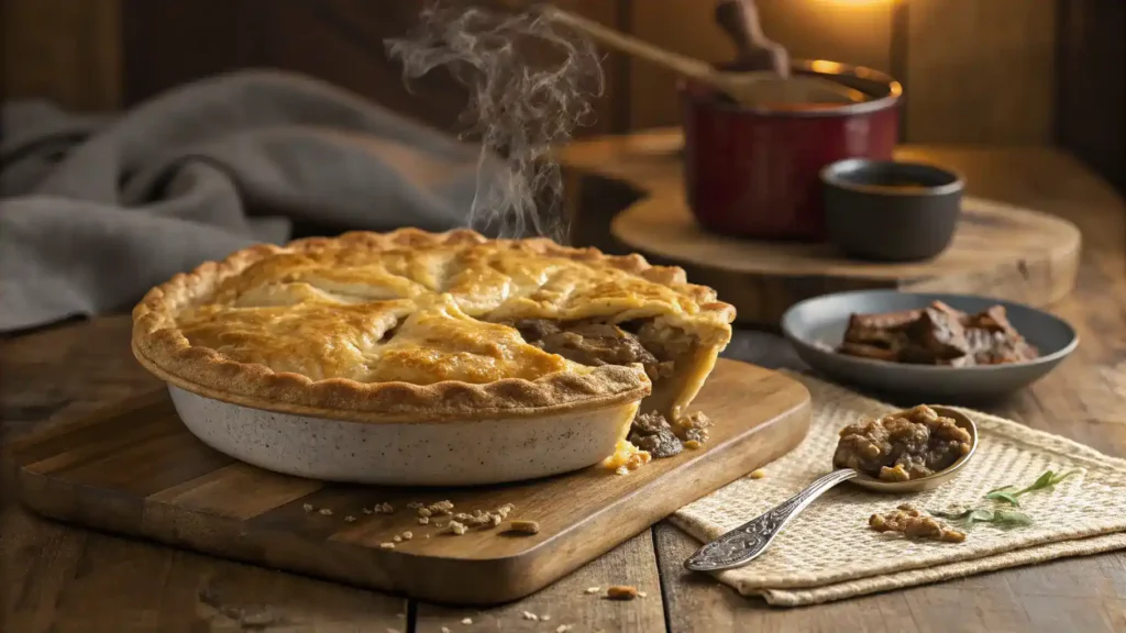 Freshly baked Quebec-Style Beef Tourtière, golden brown and flaky.