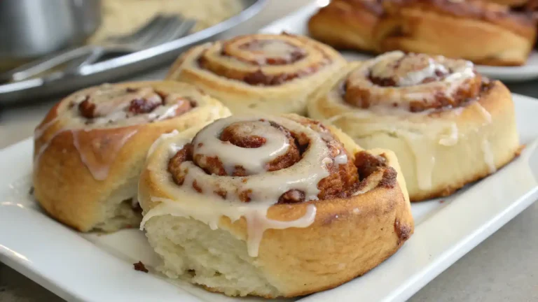 Freshly baked TikTok cinnamon rolls topped with icing on a decorative plate.