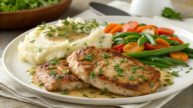 Plated turkey chops with sides.