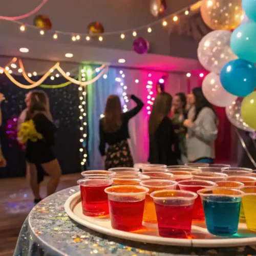 A festive display of Dirty Shirley Jello Shots at a party.