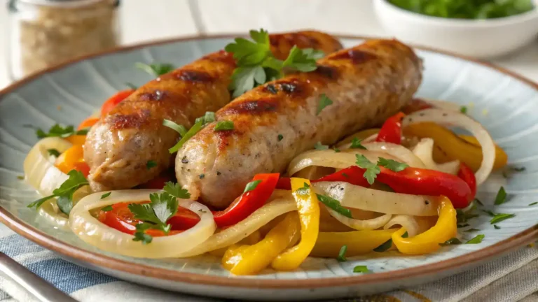 Deliciously cooked fennel sausage served with peppers and onions.