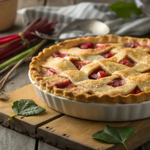 A freshly baked Old-Fashioned Rhubarb Pie with a golden crust and bubbling filling.