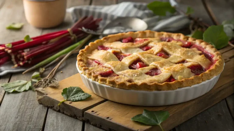 A freshly baked Old-Fashioned Rhubarb Pie with a golden crust and bubbling filling.