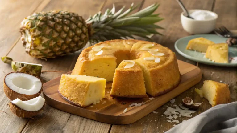 A freshly baked Pineapple Juice Cake displayed on a wooden table, with slices cut out to reveal its moist texture, decorated with pineapple slices and coconut flakes.