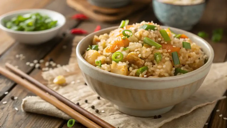 A bowl of garlic fried rice garnished with green onions and sesame seeds.