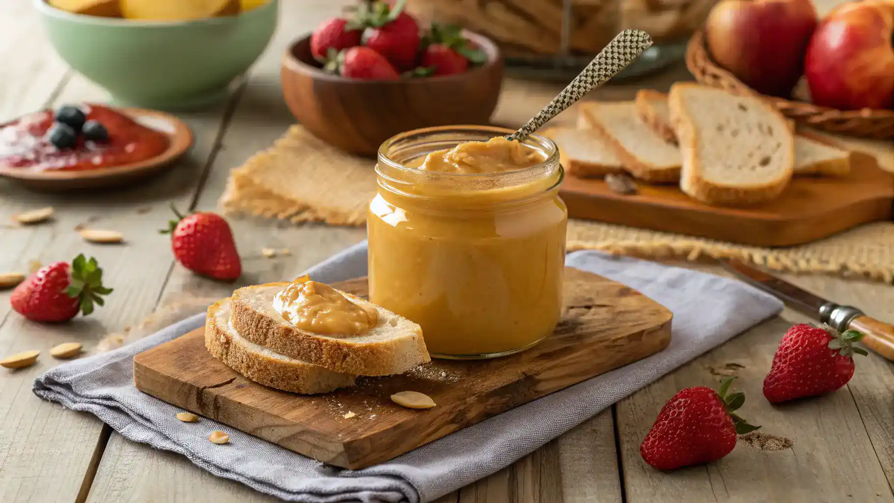 A jar of Honey Butter Spread with toast and fresh fruit on a rustic table.