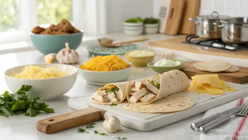 Step-by-step process of making Cheesy Garlic Chicken Wraps with ingredients laid out.