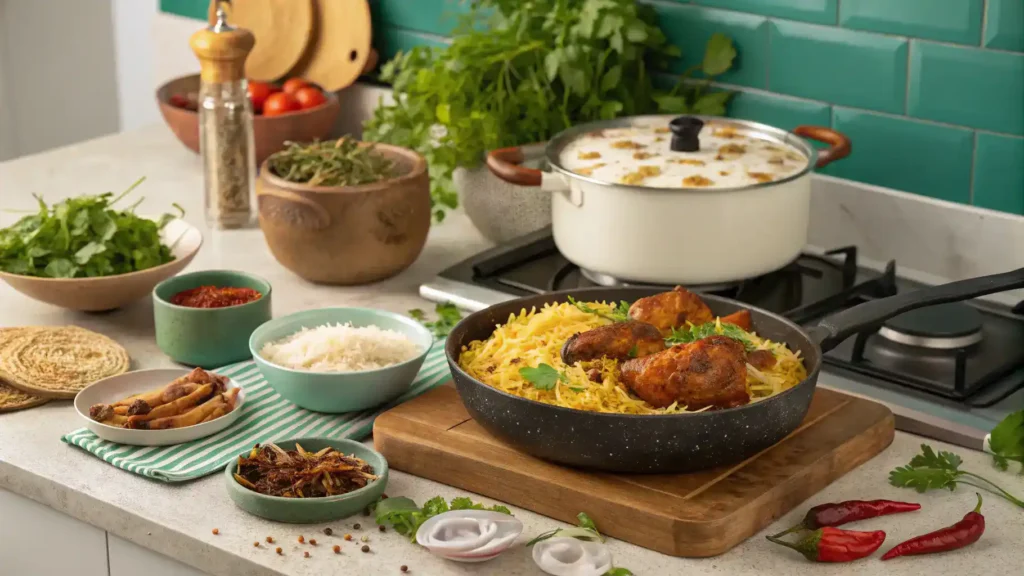 Ingredients and steps for making Chicken Dum Biryani displayed in a kitchen.