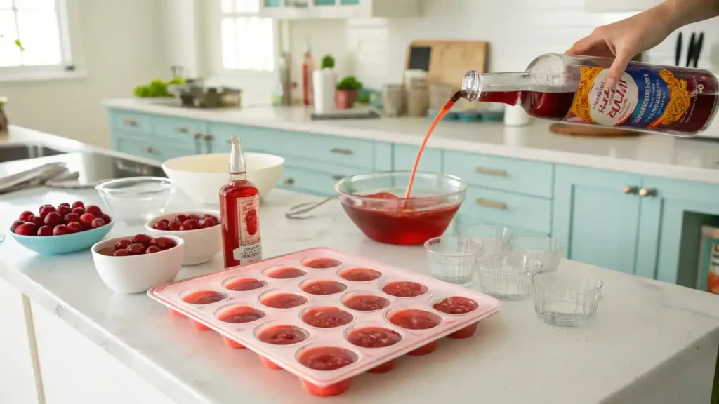 Ingredients and steps for making Dirty Shirley Jello Shots displayed in a bright kitchen.
