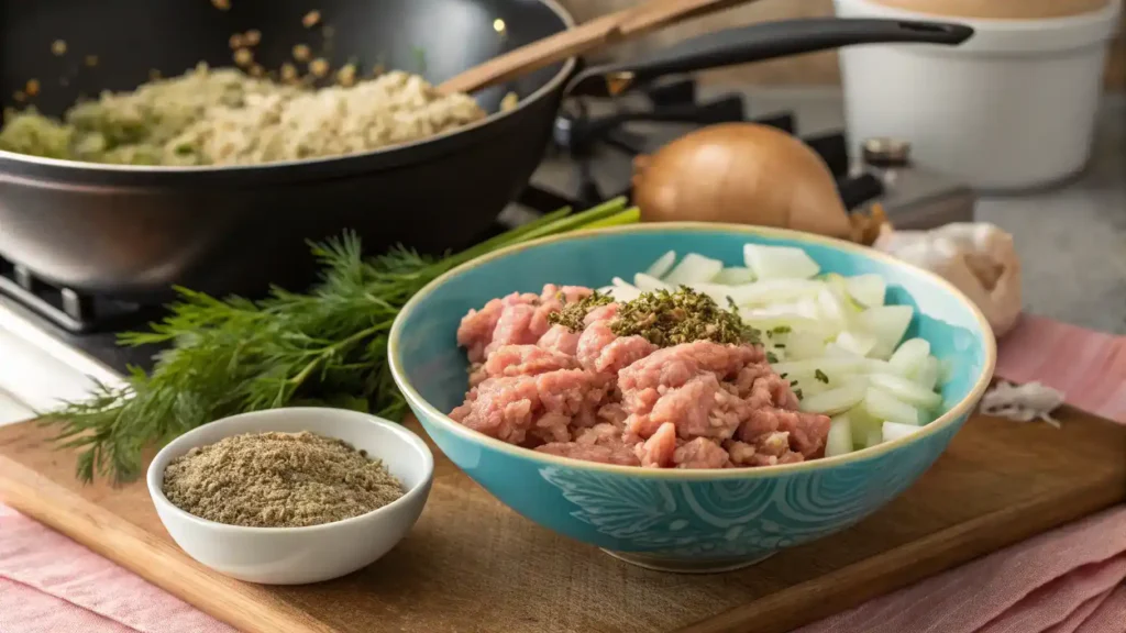 Ingredients and preparation steps for making fennel sausage.