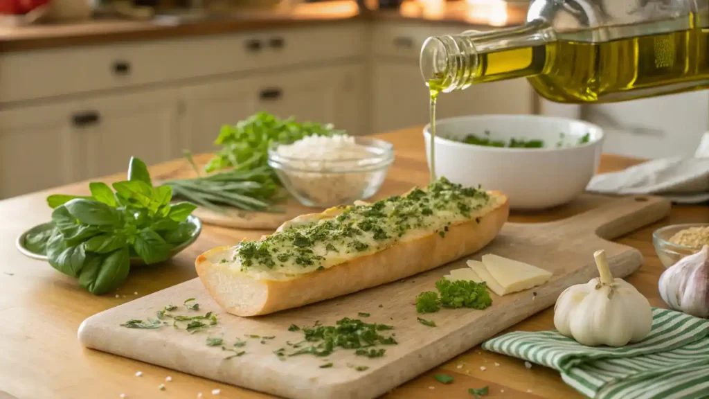 Step-by-step process of making frozen garlic bread with ingredients laid out.