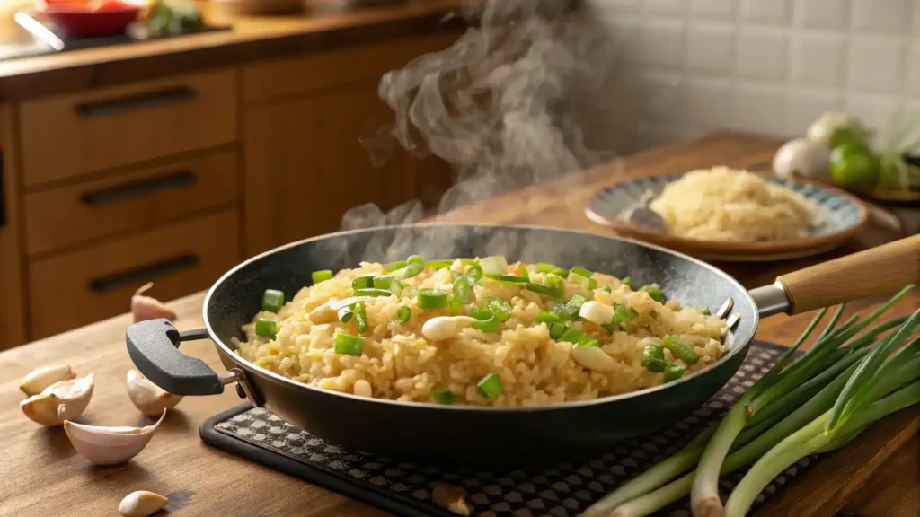 A skillet filled with garlic fried rice, garnished with green onions, sizzling in a warm kitchen.