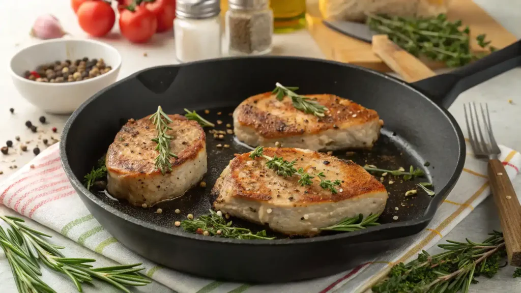 A skillet with juicy pork chops being seared, surrounded by fresh herbs and spices.