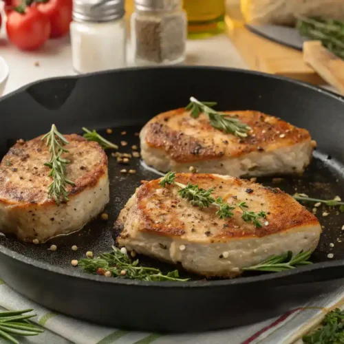 A skillet with juicy pork chops being seared, surrounded by fresh herbs and spices.