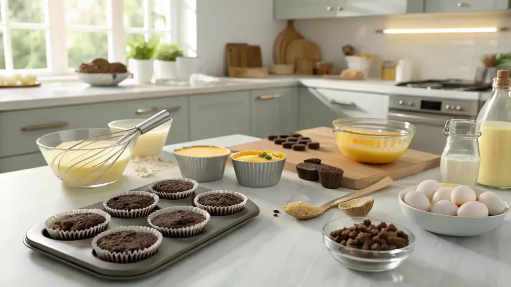 Step-by-step process of making Loaded Brownie Cheesecake Cups with ingredients displayed.