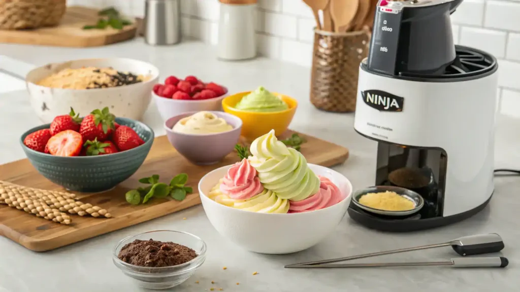 A step-by-step process of making Ninja Creami desserts, showcasing ingredients and the Ninja Creami machine.