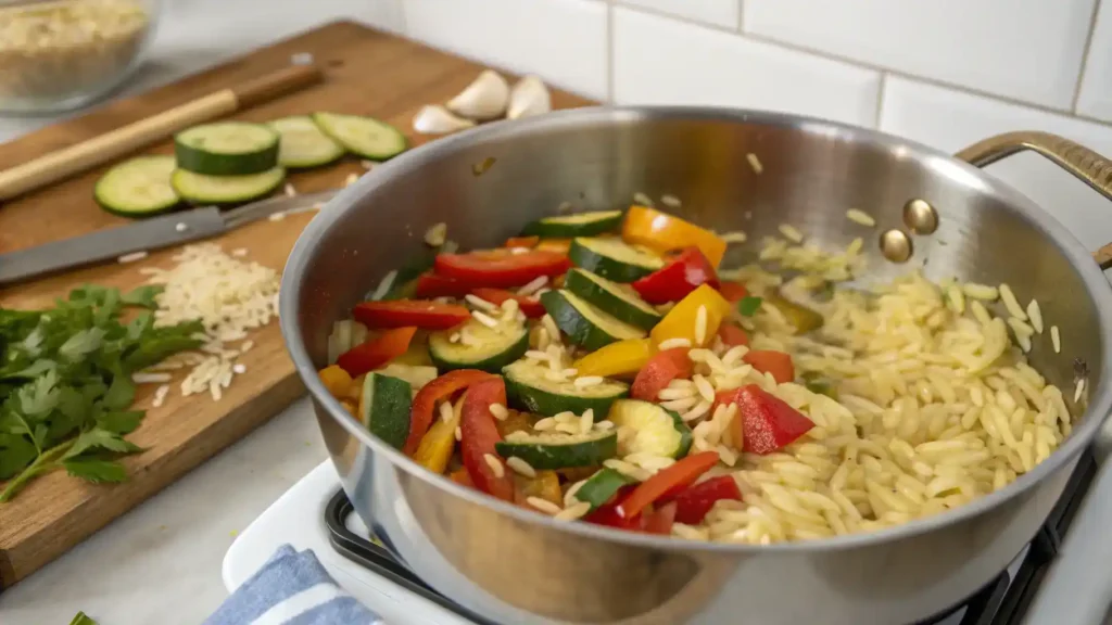 A medium saucepan with sautéed vegetables and orzo cooking together, showcasing the vibrant colors of bell peppers and zucchini.