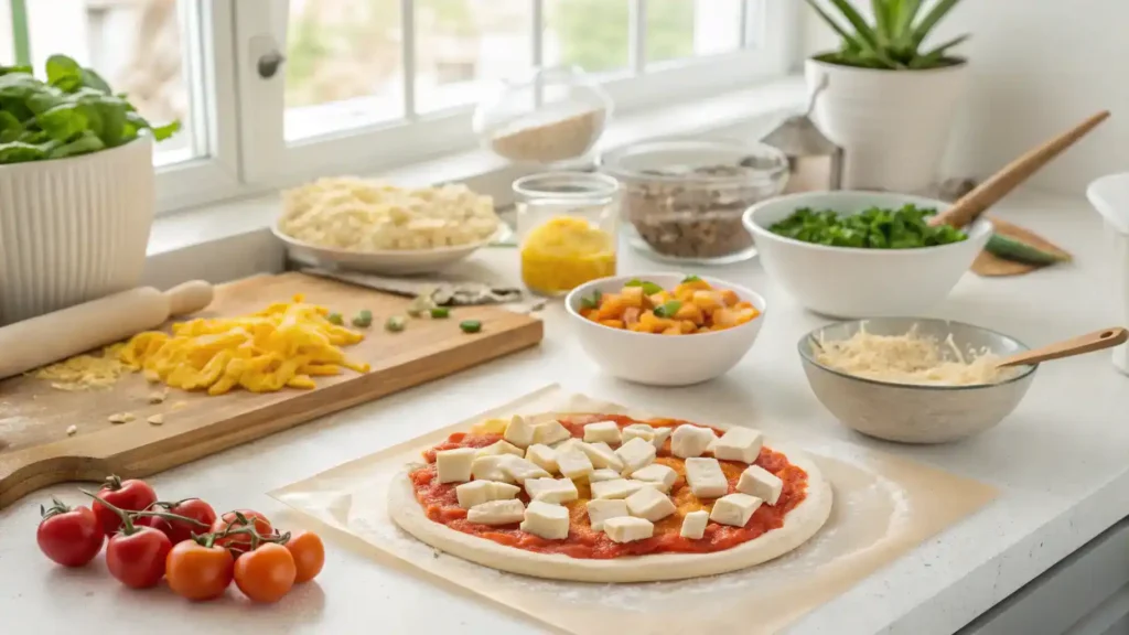 Step-by-step process of making protein pizza, including ingredients and cooking steps.
