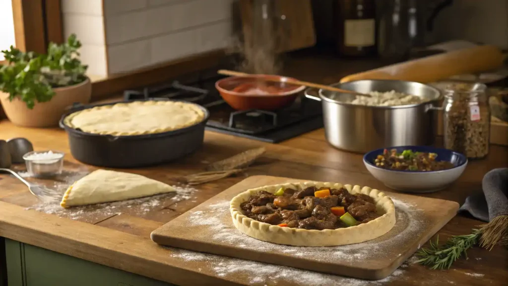 Step-by-step process of making Quebec-Style Beef Tourtière, including dough preparation and filling cooking.