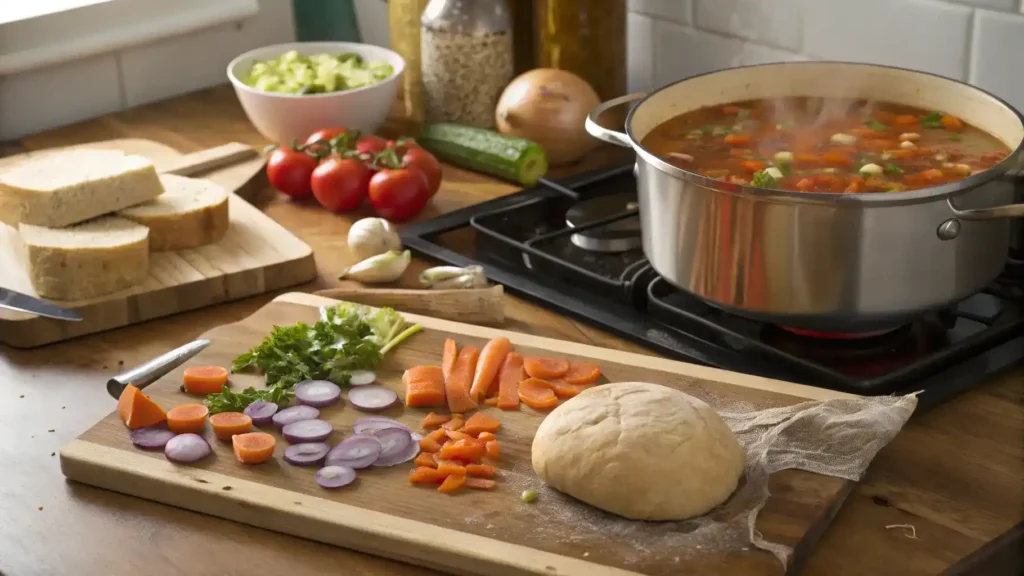 A vibrant kitchen scene with fresh vegetables being chopped for soup and bread preparation.