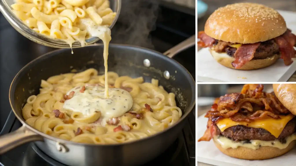 Step-by-step process of making a Bacon Ranch Mac 'n' Cheese Burger.