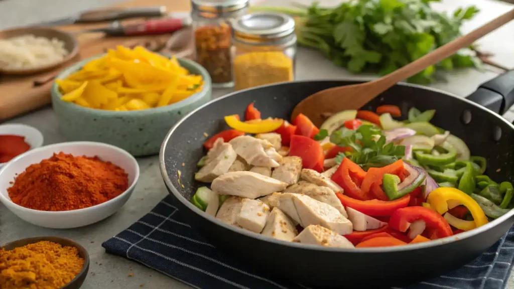 A colorful Mounjaro recipe being prepared in a skillet with fresh vegetables and protein.
