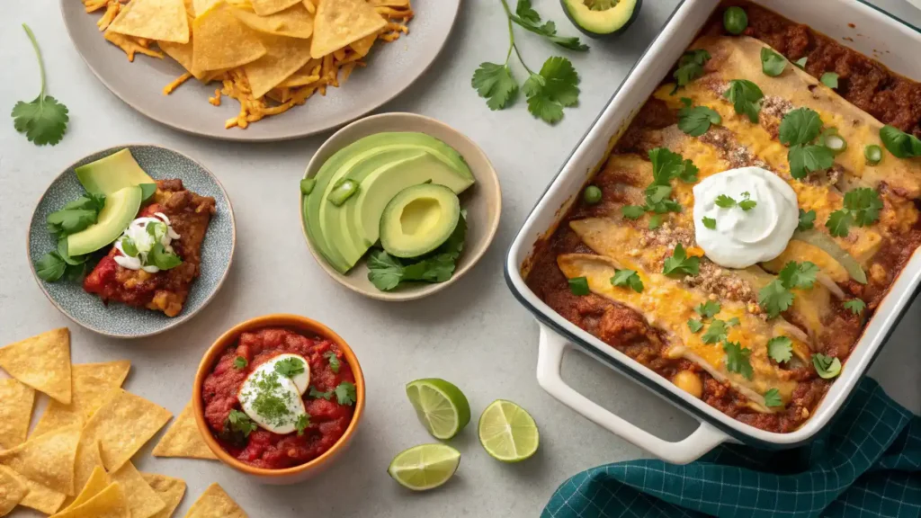 Different serving suggestions for Baked Burrito Casserole with toppings and sides.