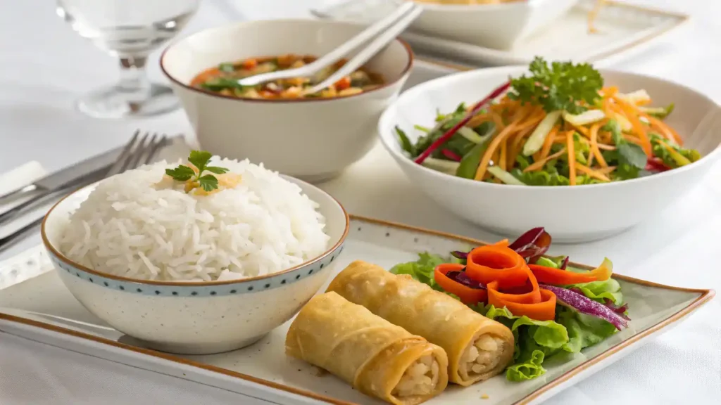 Serving suggestions for Bo Ne with rice and salad.