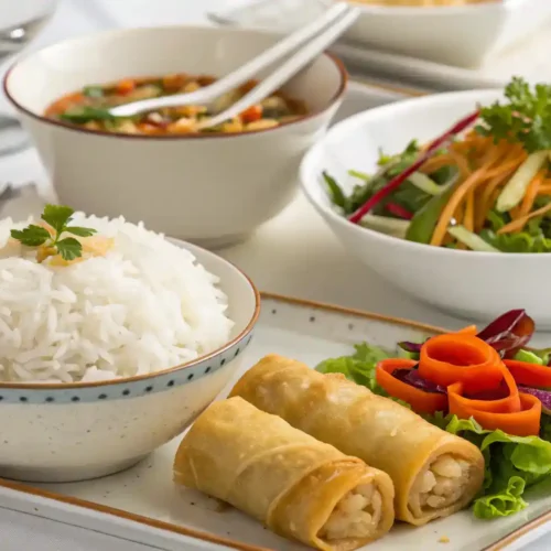 Serving suggestions for Bo Ne with rice and salad.